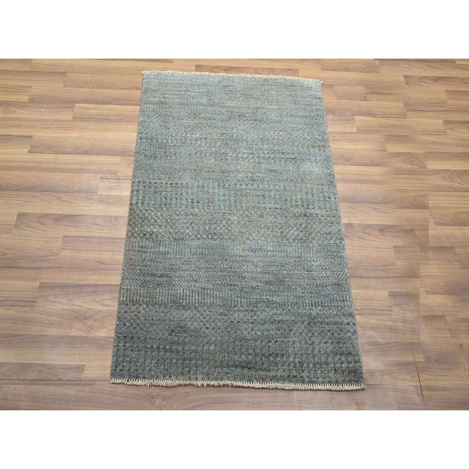 2’x3′ Stone Blue Wool with Silk Modern Grass Design Hand Knotted Mat Rug R76489