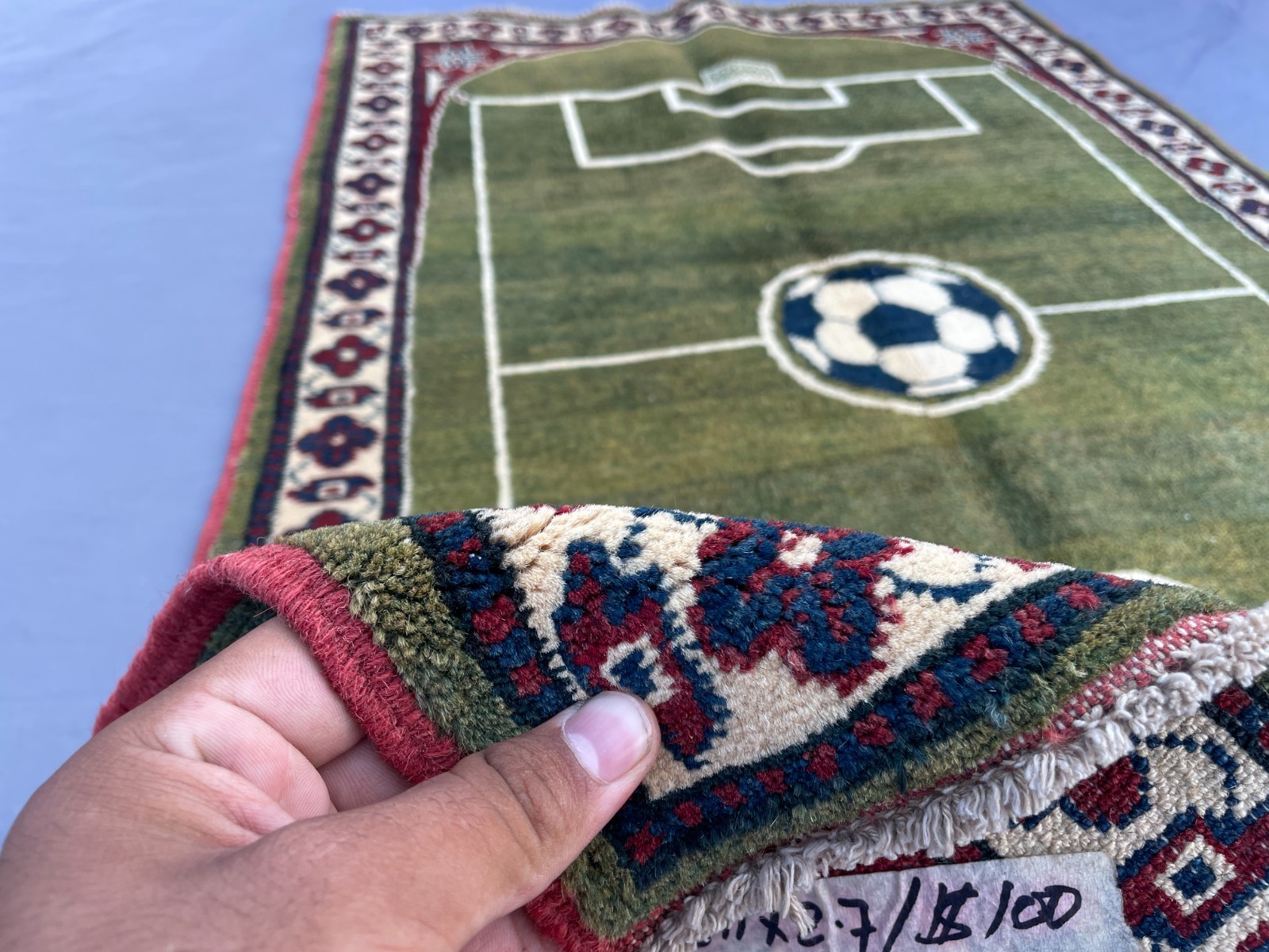 2×4 Pictorial Afghan Football Rug with Soccer Field Design and Floral Tribal