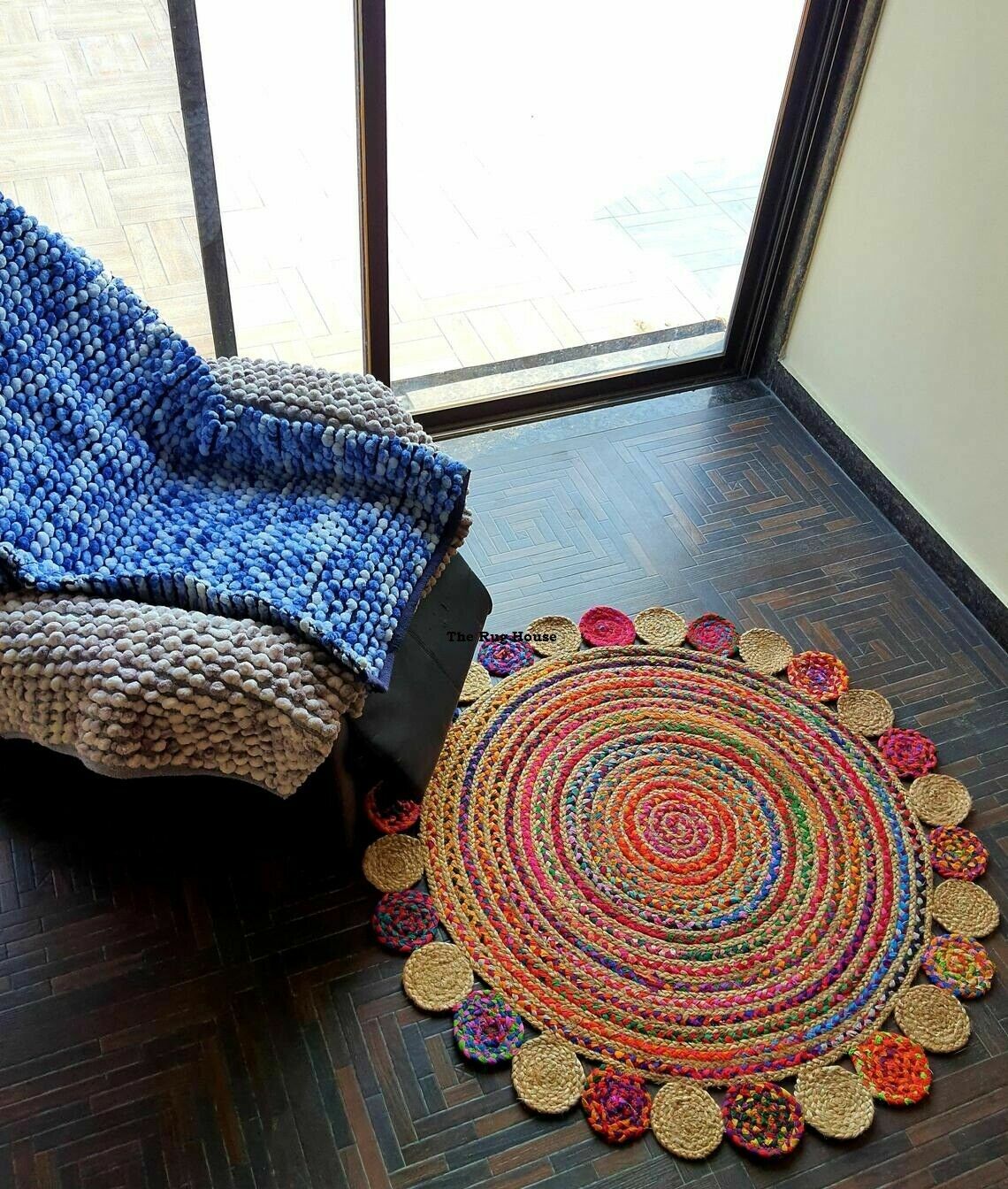 Rug Natural Jute & Cotton Round Design 100% Handmade Carpet Reversible Rug