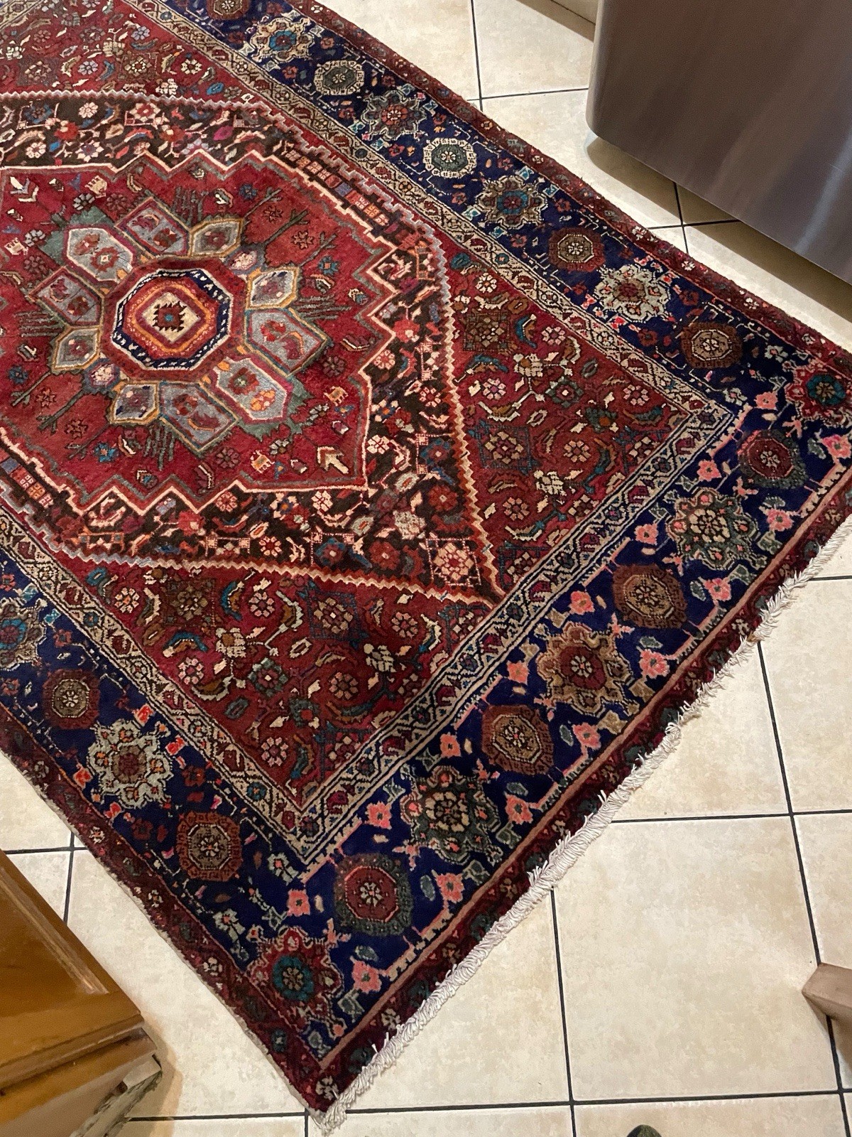 Vintage Heriz Rug 6×4 Hand-Knotted Wool Tribal Geometric Medallion Red Blue