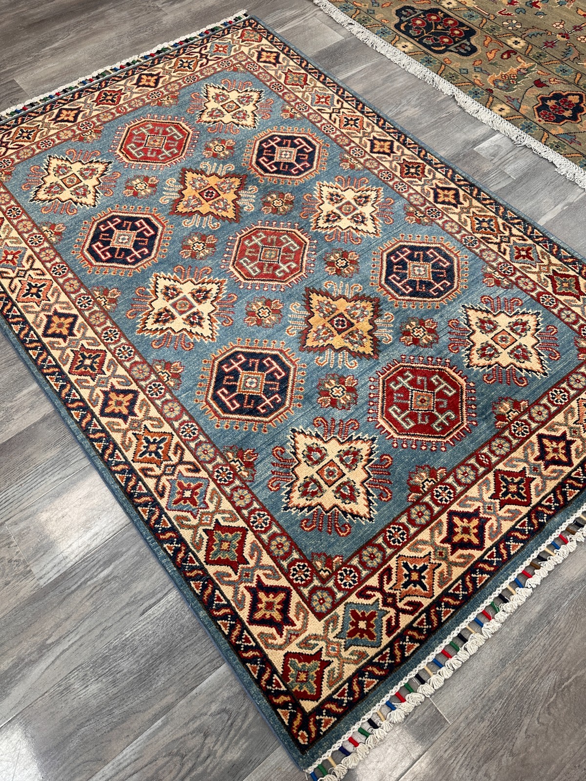 Hand-Knotted Afghan Kazak Wool Rug Blue, Cream, Red Tribal Design | 4’1″ x 5’11”