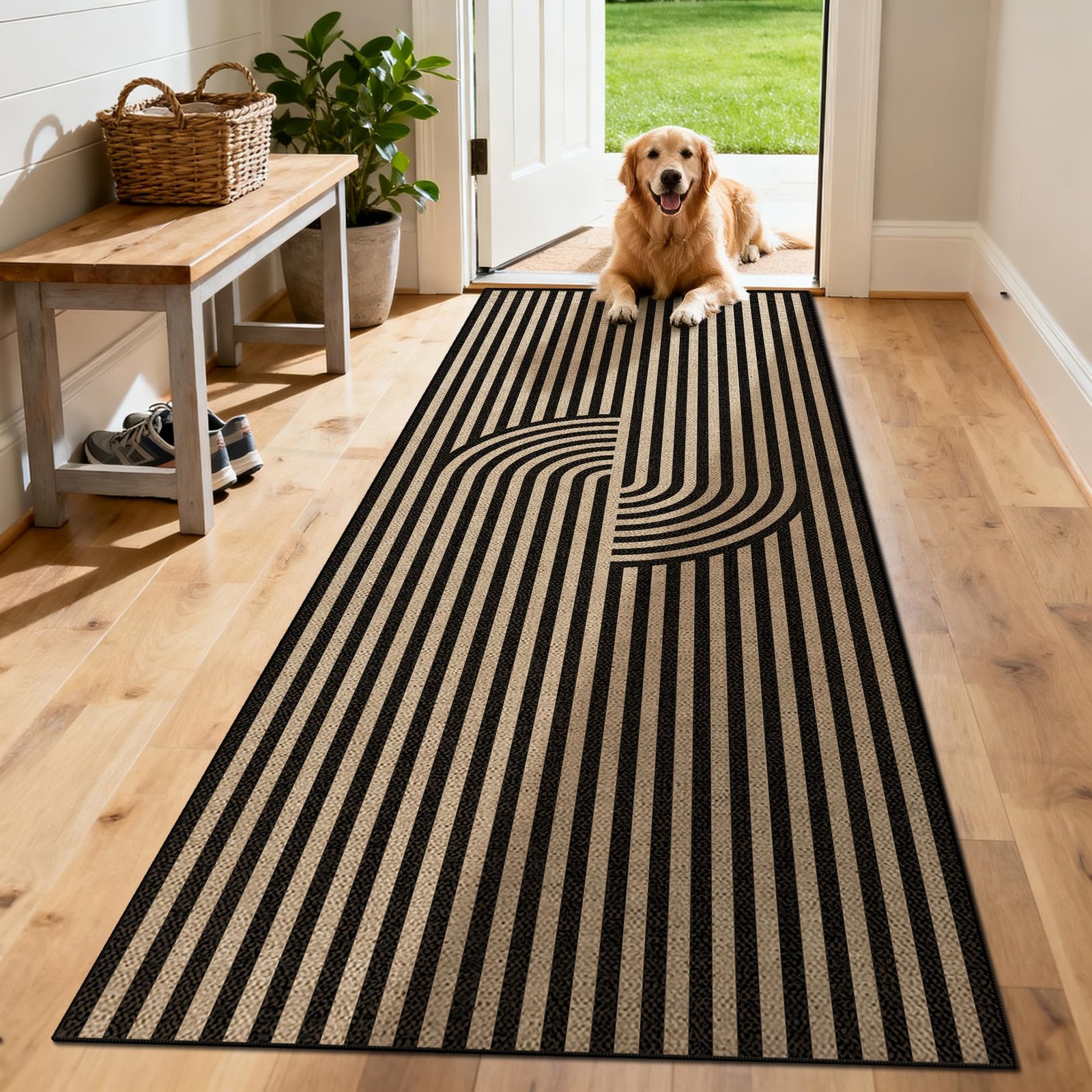 Washable Modern Easy Jute Runner Rug 2×6, Neutral Abstract Boho Geometric Out…