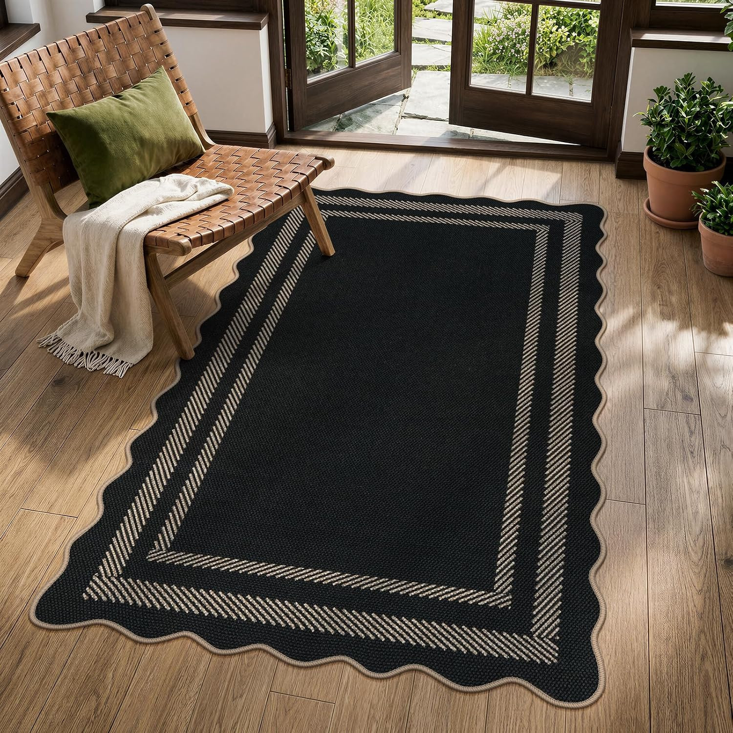 Scalloped Easy Jute 3X5 Outdoor Rug, Black Washable Rugs for Entryway Kitchen, I
