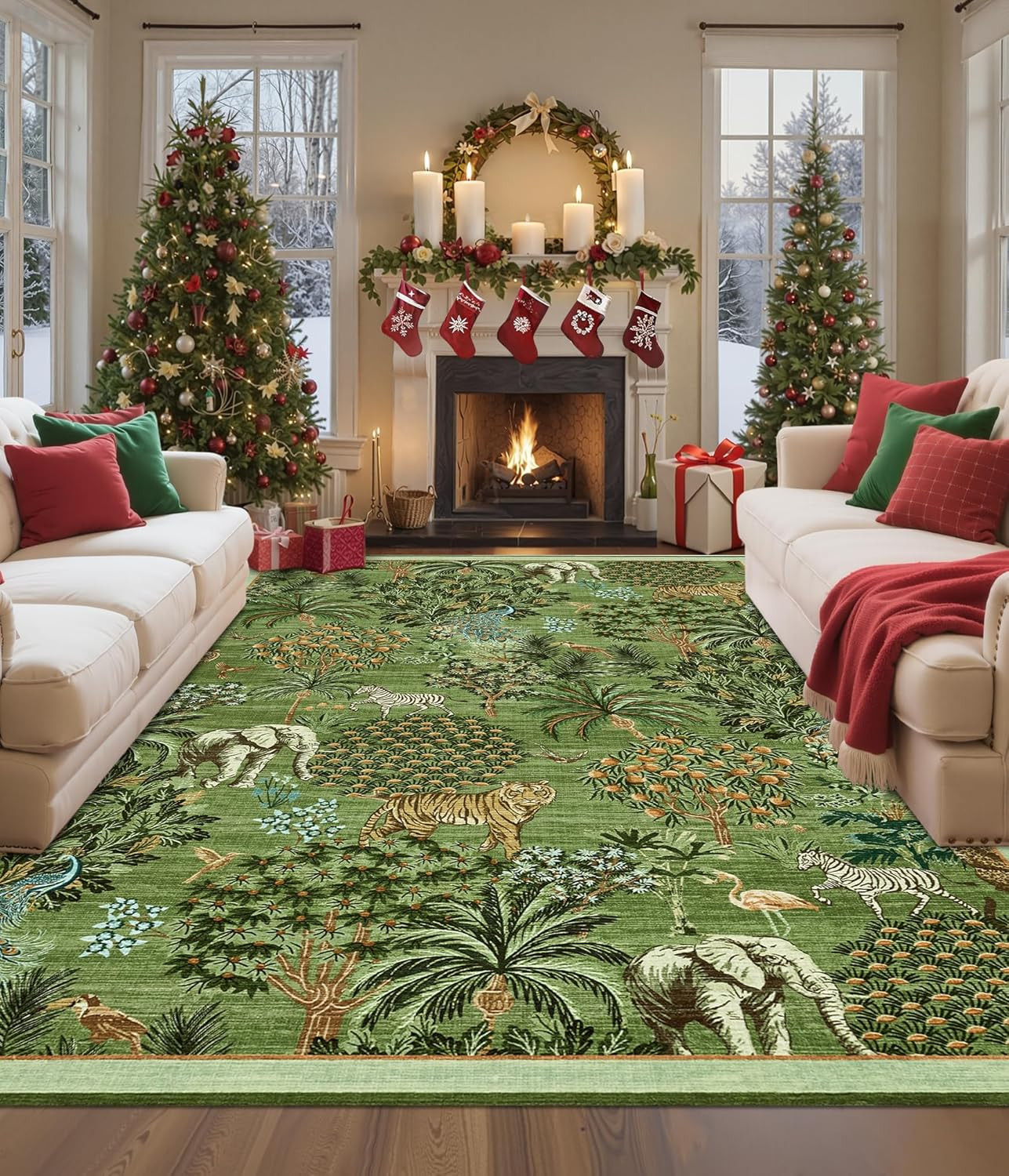 Washable Jungle Area Rug 8X10 – Soft Non-Slip Forest Green Carpet