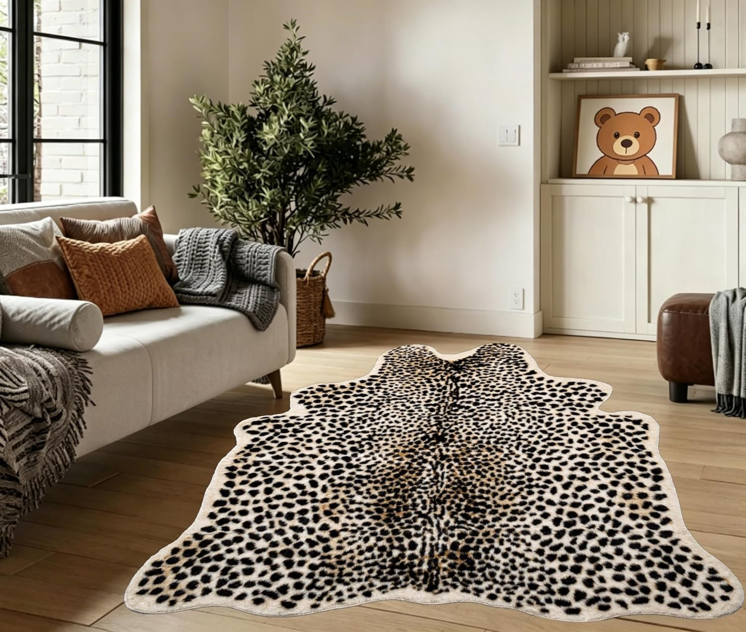 Cheetah Print Faux Fur Rug 5.3×6.6ft Machine Washable for Living Room & Bedroom