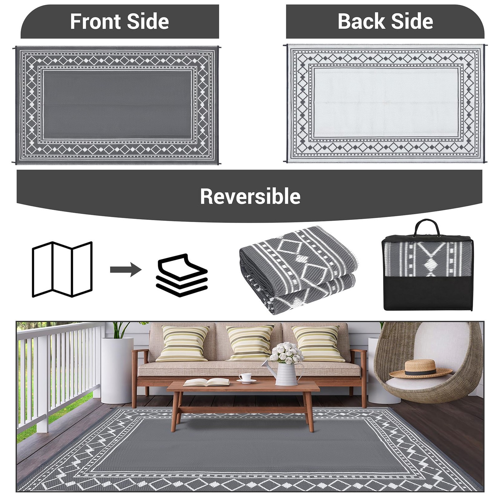Collapsible Waterproof Reversible Outdoor Rug 8×10-10x20ft Plastic Straw Diamond