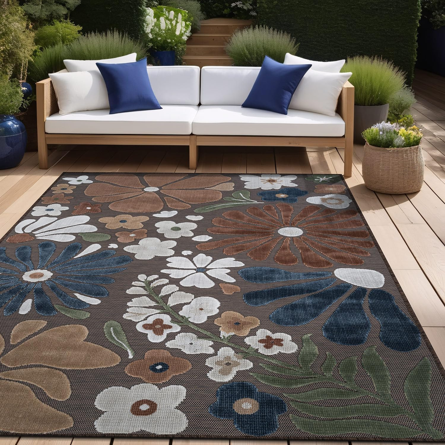 Outdoor Rug 5X7 Modern Floral Tropical Area Rugs for Outdoor and Indoor Patio Ea