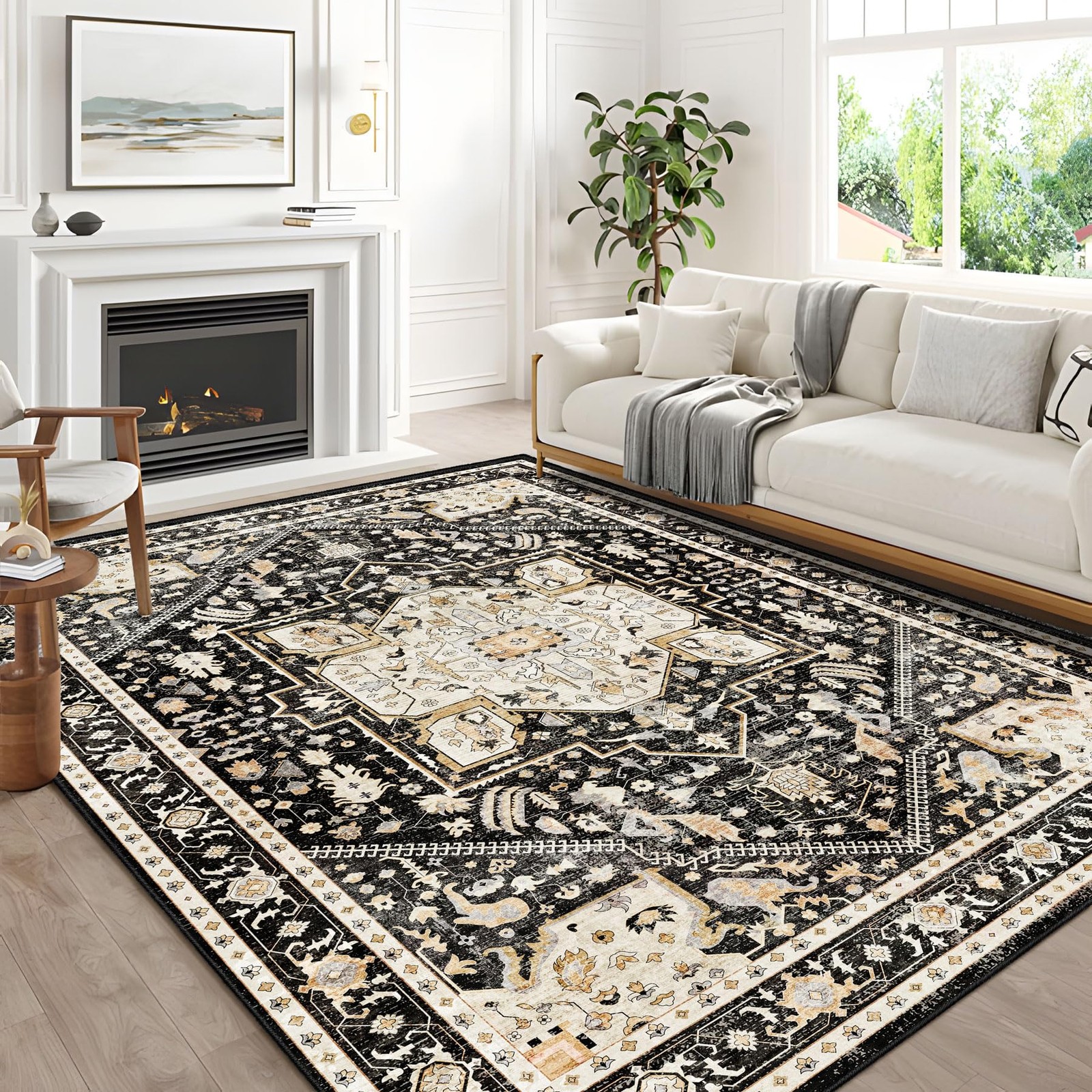 MUJOO 8×10 Area Rugs Washable Black Rug Large Boho Low Pile Non Slip | Throw …