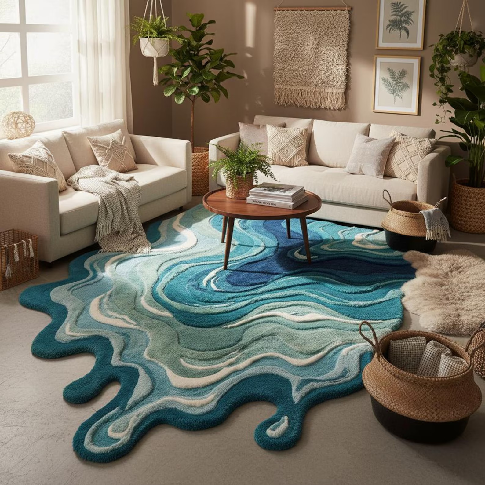 Irregular Shaped Melting Rug, Hand Tufted Blue Abstract Swirl Modern Art Carpet