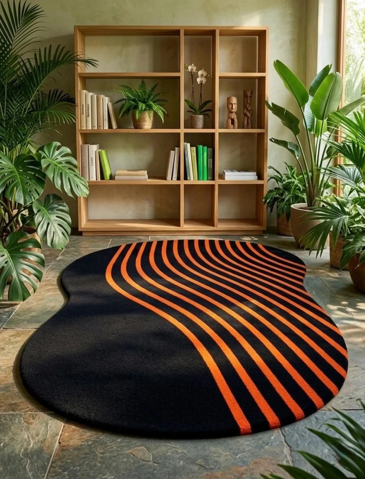 Hand Tufted Wool Rug Abstract Irregular Shape, Mid Century Modern Black Orange