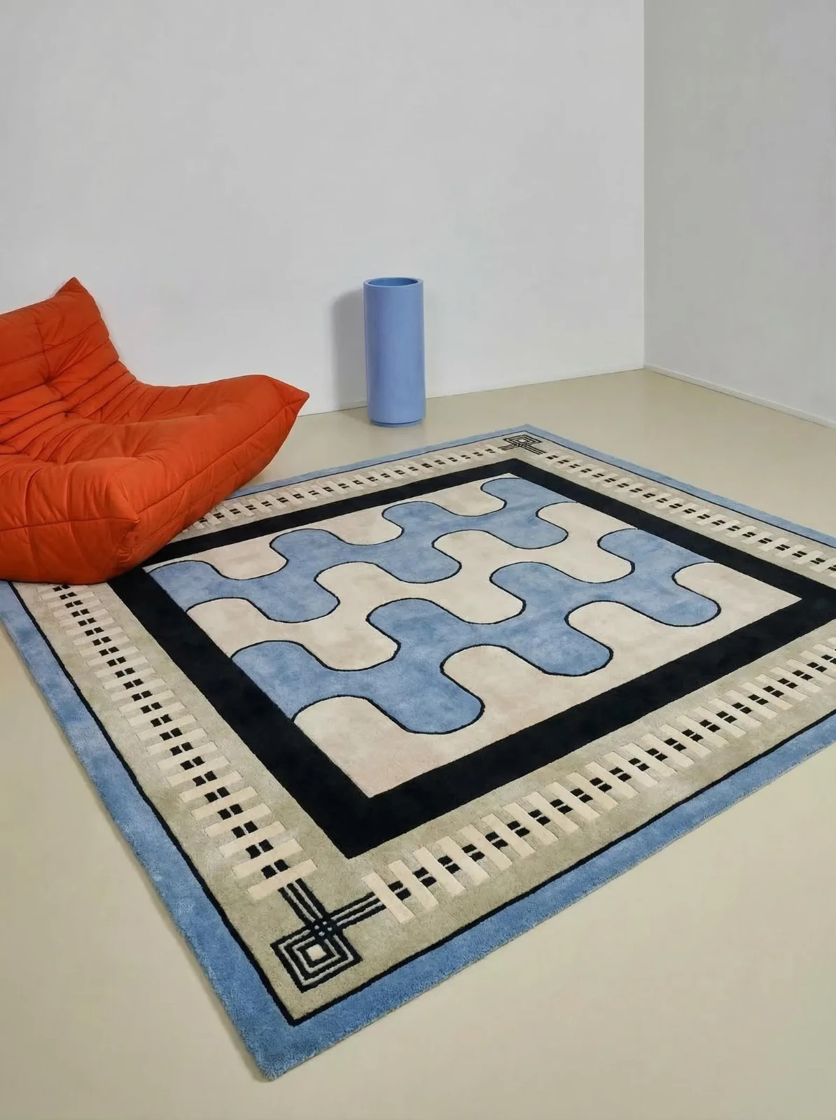 Hand Tufted Wool Area Rug Modern Blue Ivory Geometric Puzzle Pattern Luxury Carp