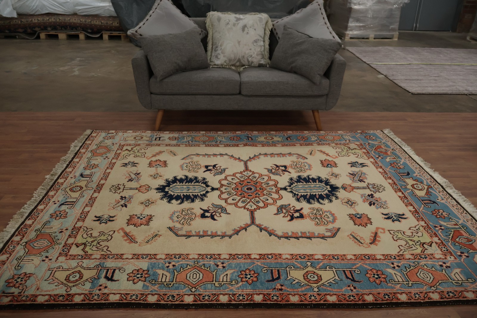 Classic Ivory & Light Blue Area Rug 6×8 Artful Border & Central Theme Carpet