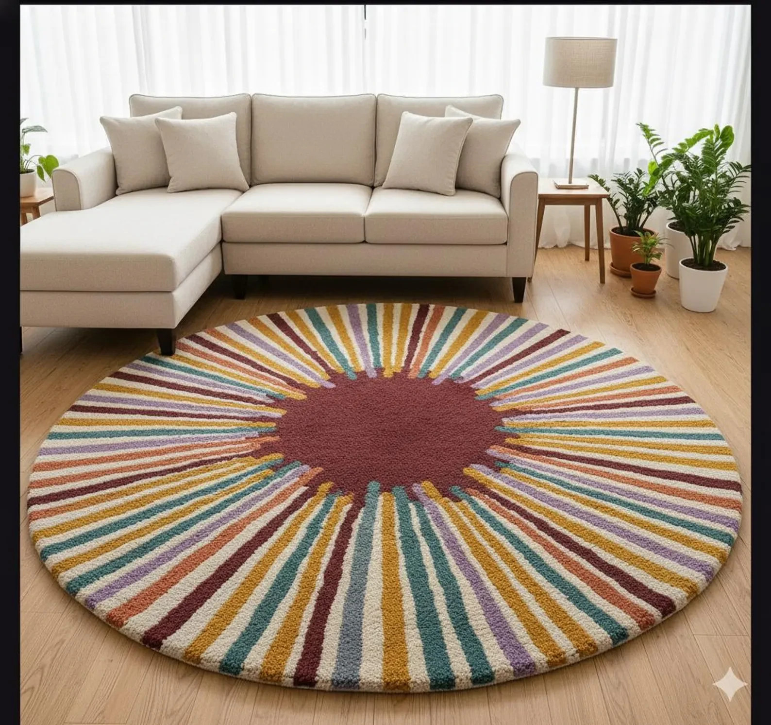 Round Hand Tufted Wool Rug- Colorful Sunburst Maroon & Multi Area Carpet, Modern