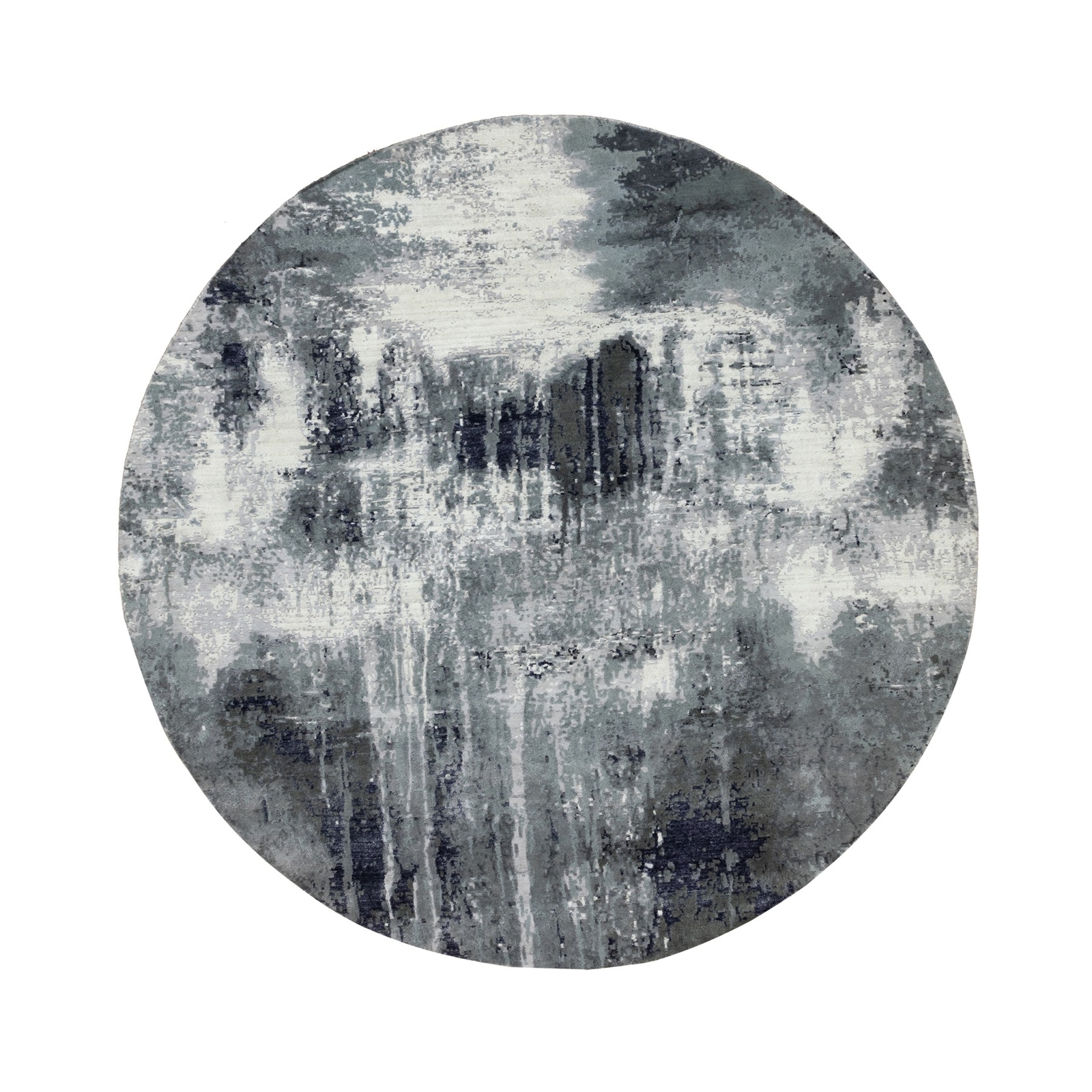 8’x8′ Charcoal Black Abstract Design Wool and Silk Hand Knotted Round Rug R58573