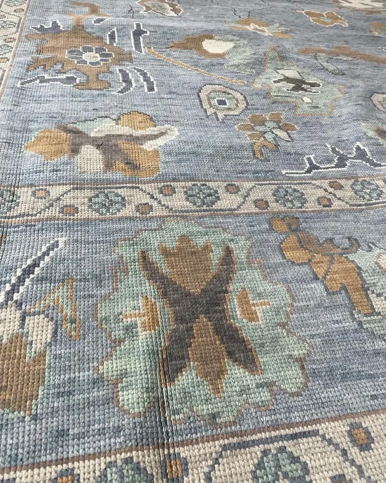 Hand Knotted Oushak Wool Rug Light Blue Beige Brown Floral Room Size