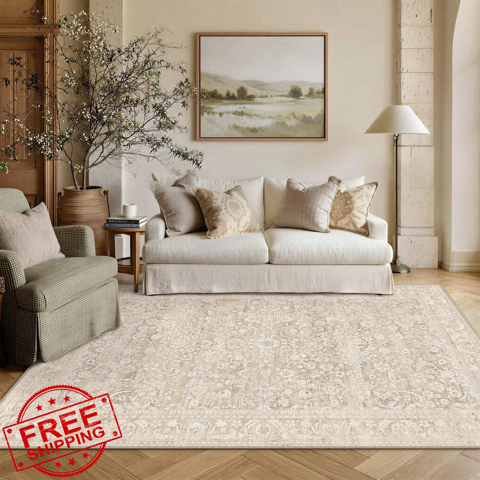 Berthmeer 5×7 Rug Accent Beige Floral Non Slip
