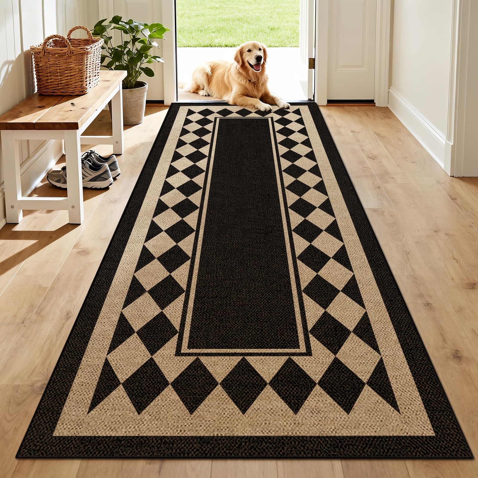 Washable Checkered Easy Jute Runner Rug 2×6, Black Checkerboard Geometric Out
