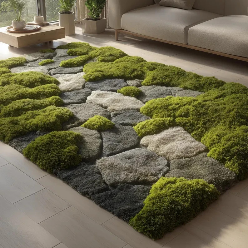 Hand Tufted Moss Rug, Sculpted Organic Stone Path