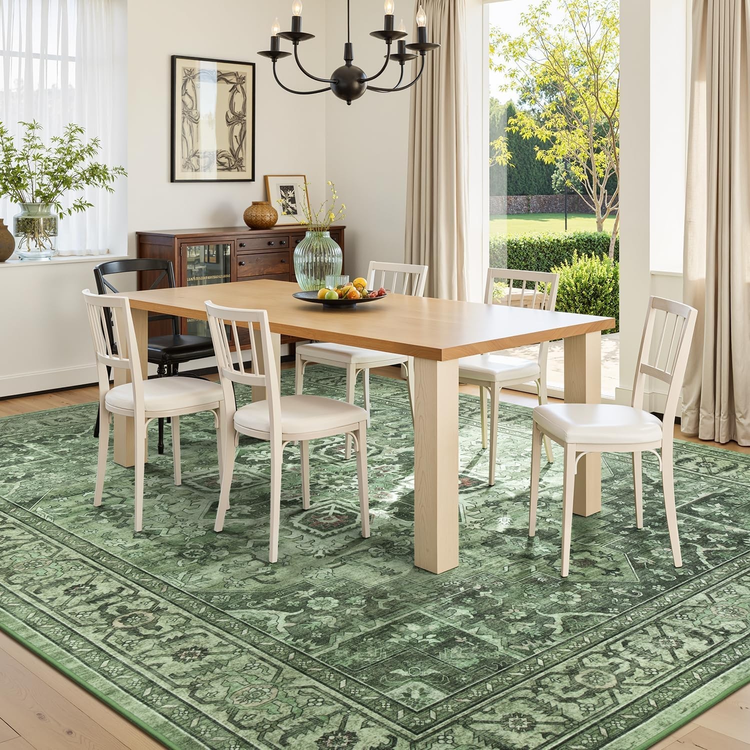 Elegant Sage Green 8×10 Area Rug – Distressed Floral Aesthetic for Living Room