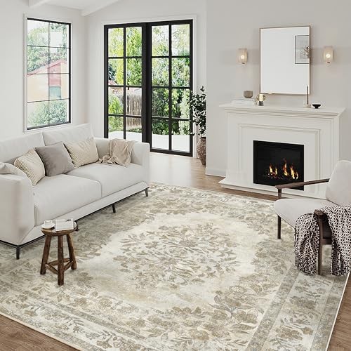 5×7 Area Rug Beige Washable Vintage 5′ x 7′ (Rectangular) Floral Beige
