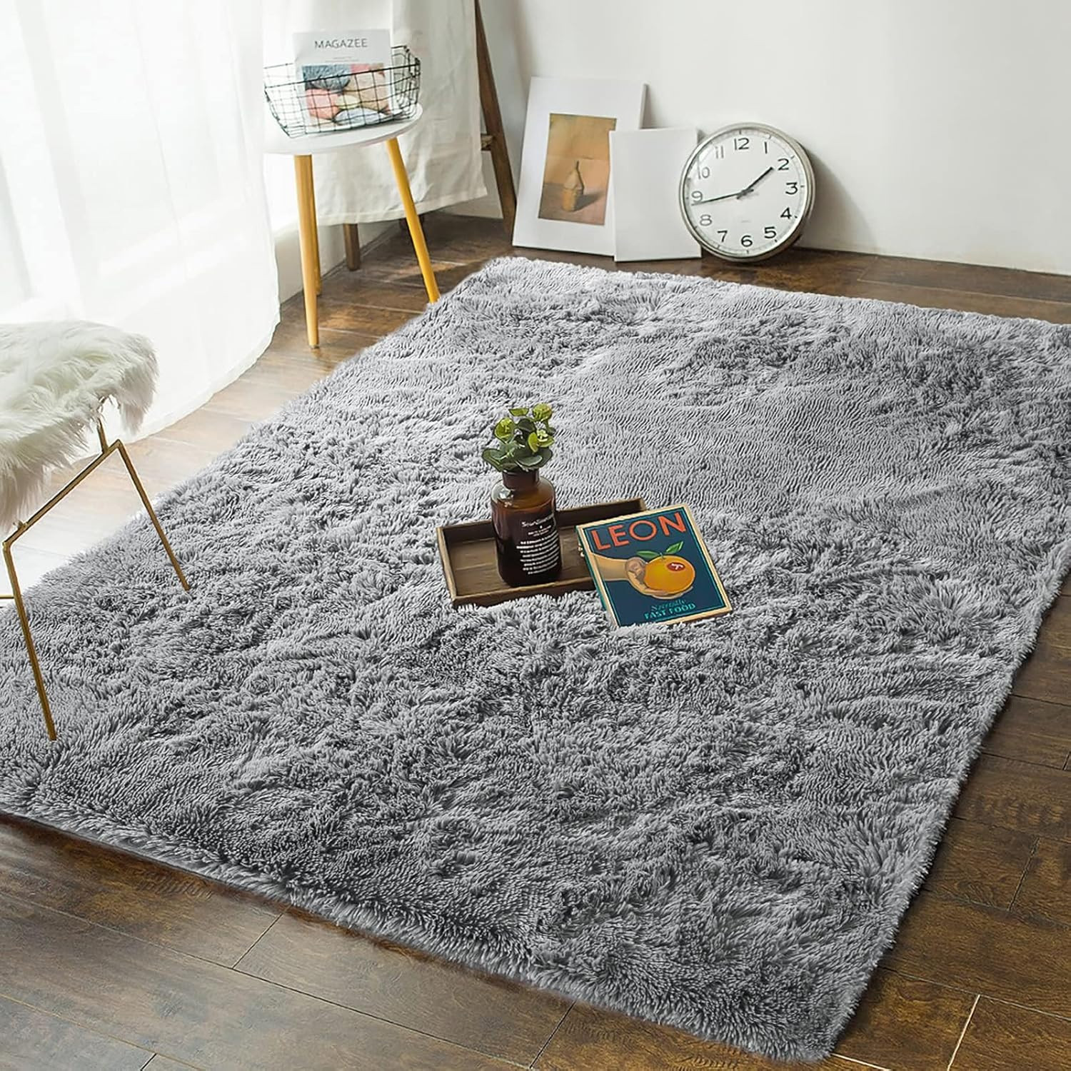 4′ x 6′ Shaggy Area Rug Grey Soft Plush Bedroom Living Room Non Slip Carpet