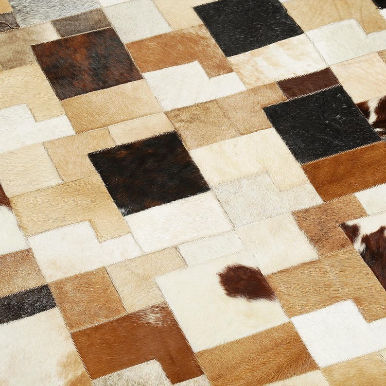 Brown Tan Patchwork Area Rug Faux Cowhide Geometric Living Room Carpet 8×11 ft