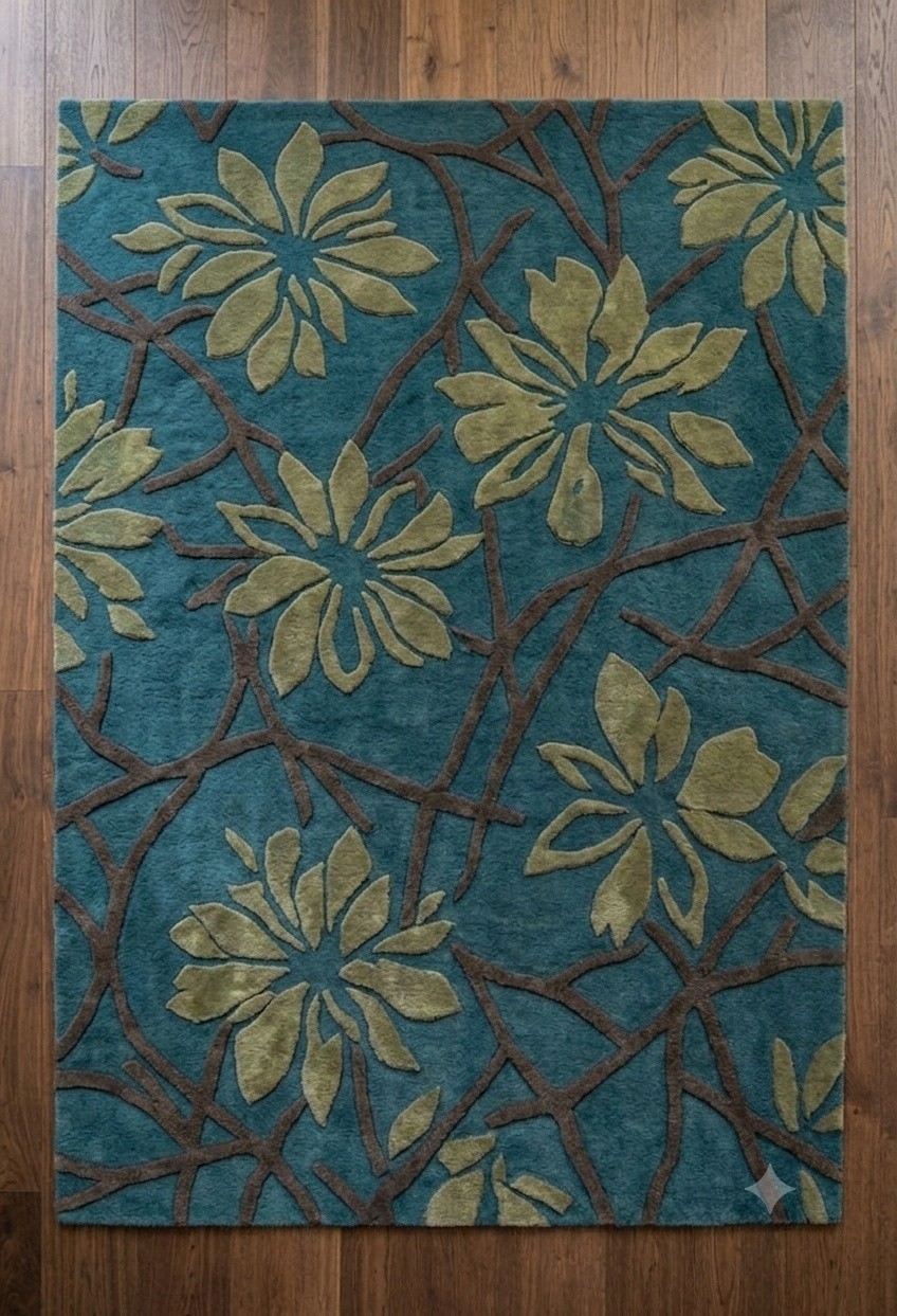 Botanical Vine Hand Tufted Wool Rug – Teal & Sage Green Floral Area Rug