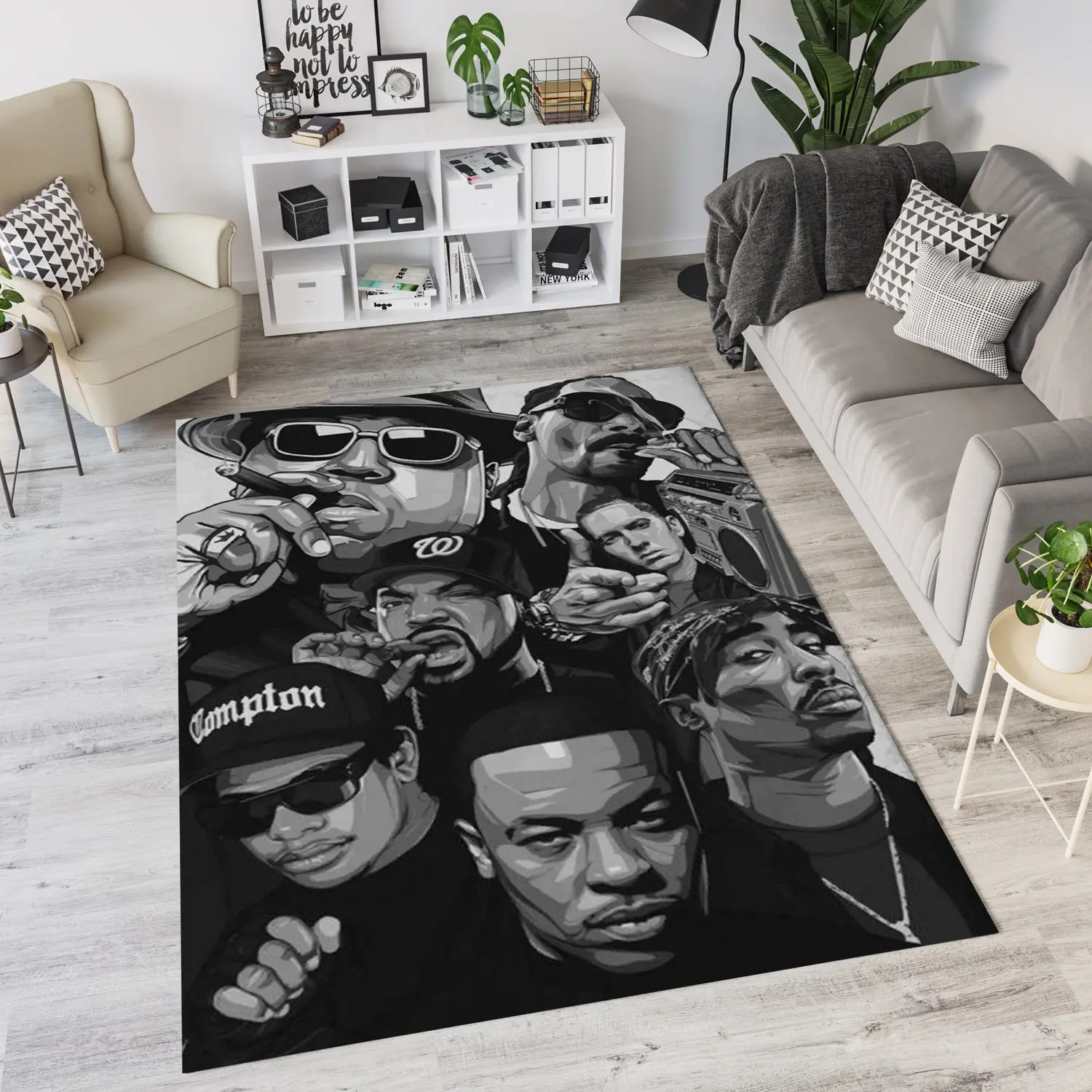 Legendary Hip Hop Stars Design Rug, Black And White Rap Music Art Unique Home De