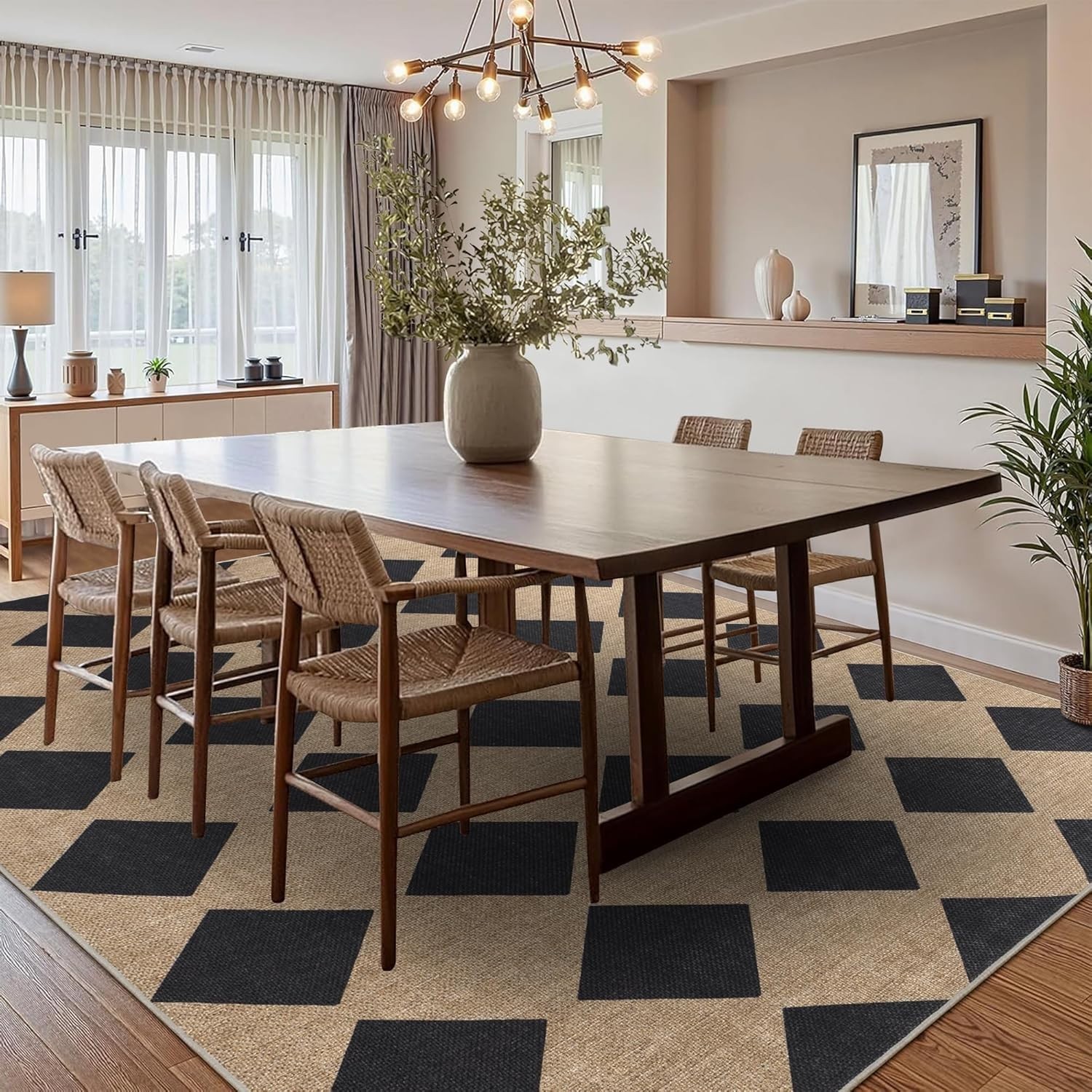 Versatile 8×10 Checkered Jute Rug – Durable & Water-Resistant for Any Room