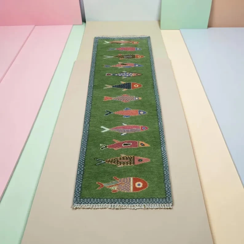 Koi Fish Runner Rug: Green Colorful Carpet Handmade Wool Area Rug