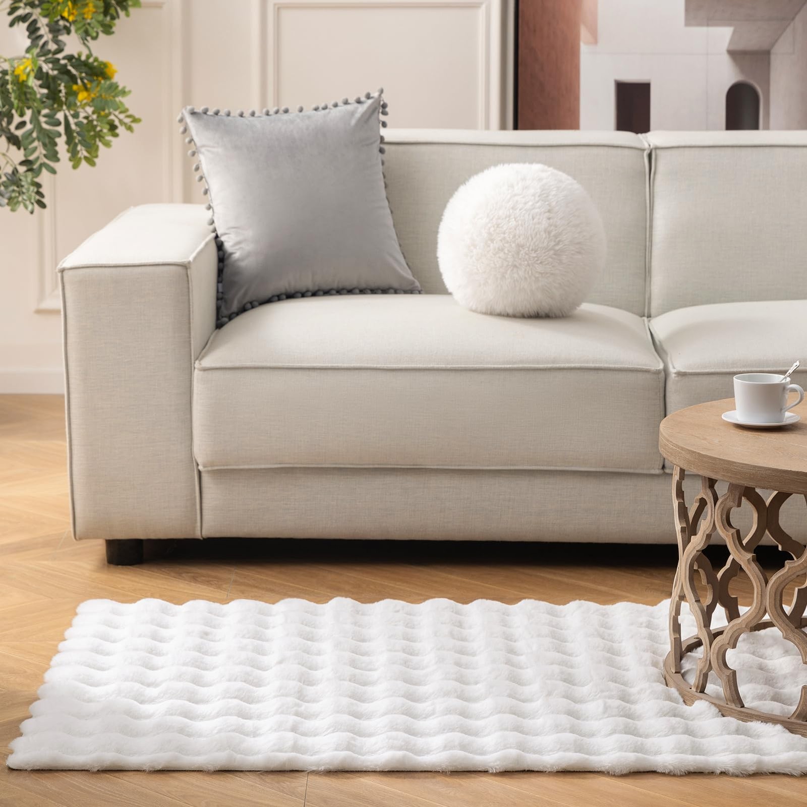 Ashler Faux Rabbit Fur Rug, White 4×6 FT Fluffy Soft Runner Area Rugs, Rectan…