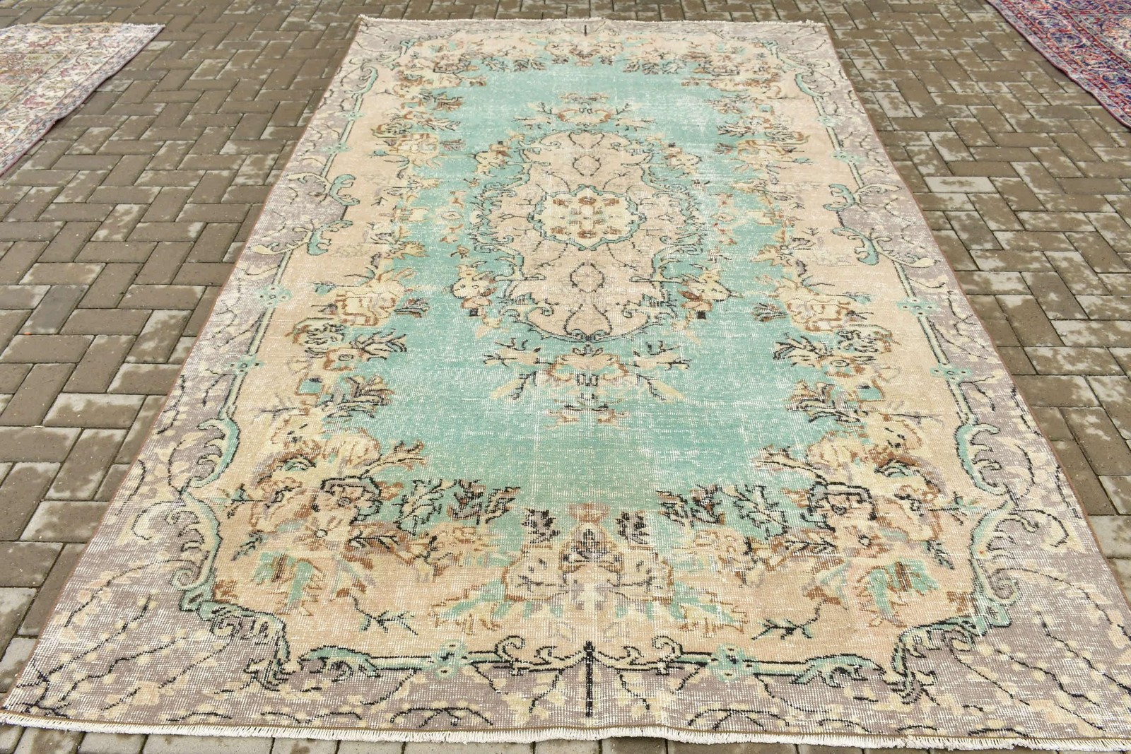 Vintage Large Rug 6,3×10,1 ft (192×307 cm), Turkish Green Handmade Rug