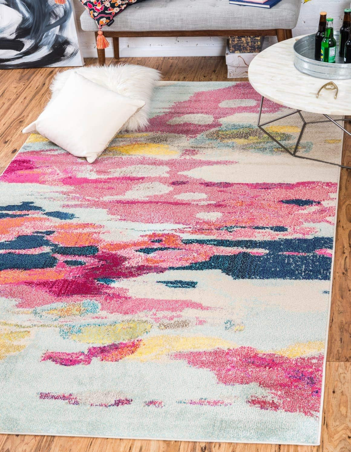 Vibrant Abstract Area Rug – Estrella Collection, Pink/Ivory, 9′ x 12