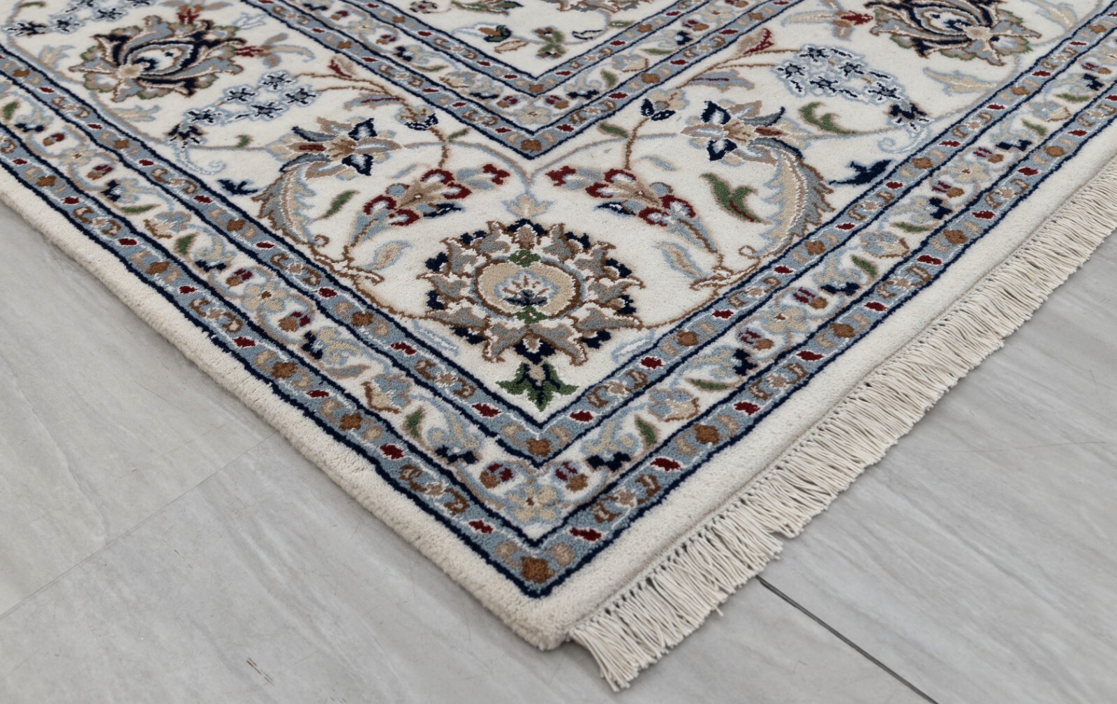 High Quality Indo Nain Wool Silk Rug Ivory Cream Hand Knotted Custom Size Rug