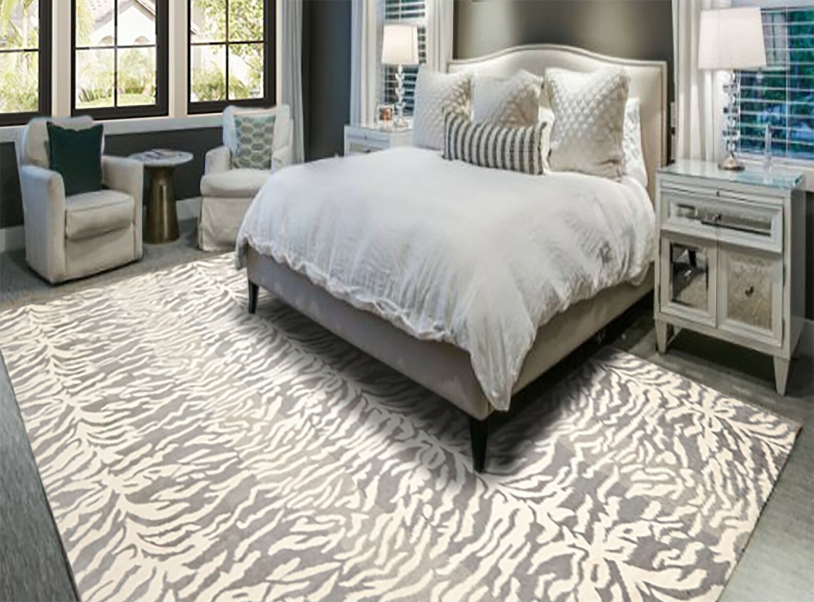 Multi Sizes Handmade 100% Wool Animal Print Tiger Modern Area Rug Ivory Gray