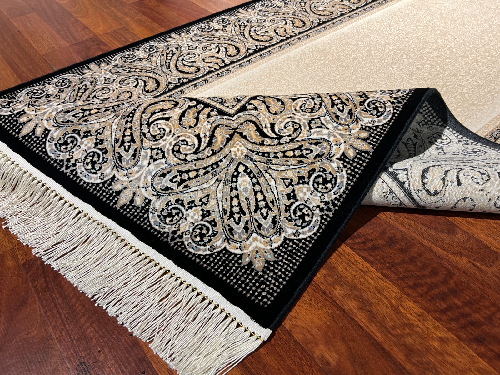 3×10 ft Bamboo Silk Runner Rug – Beige Black Luxury Rug for Hall or Entryway