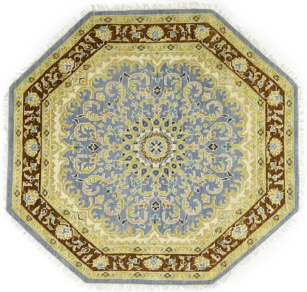 Handmade Oushak Wool Octagon Rug Blue Floral Design Oriental Home Carpet 6X6 ft