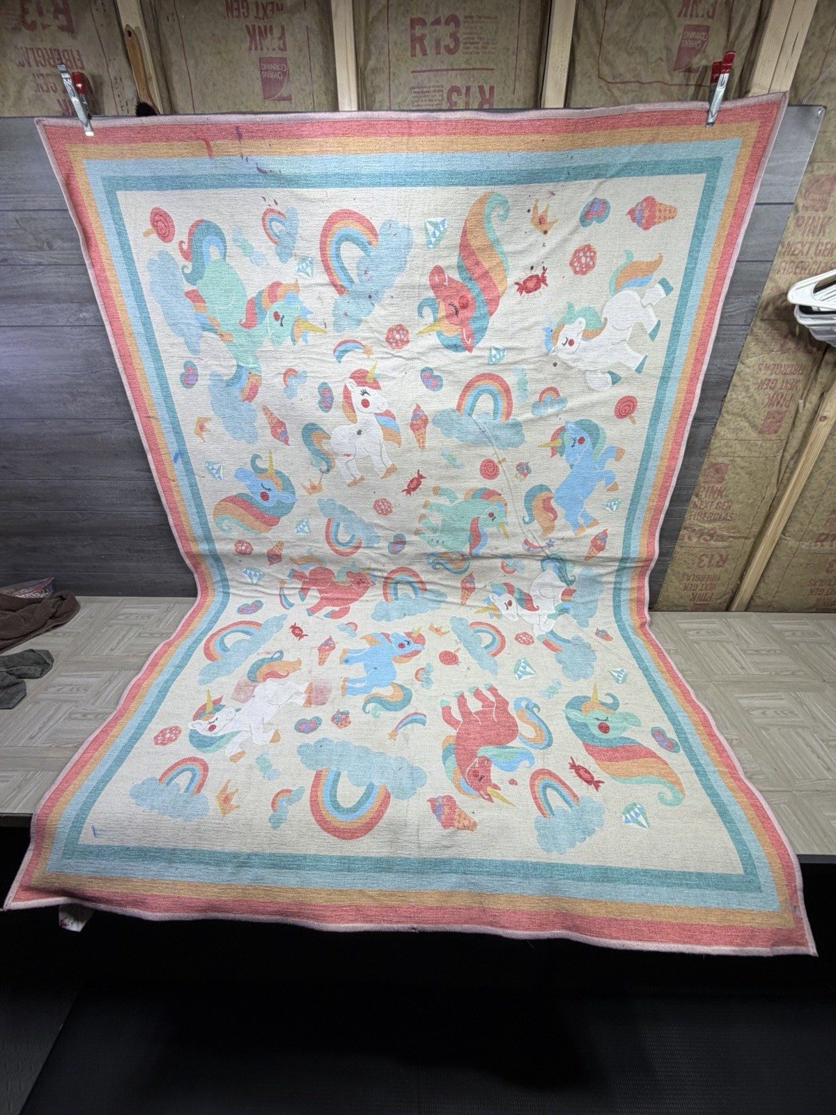 81×58 Ruggable Rug Unicorn Rainbows Girl Cover + Liner Stained