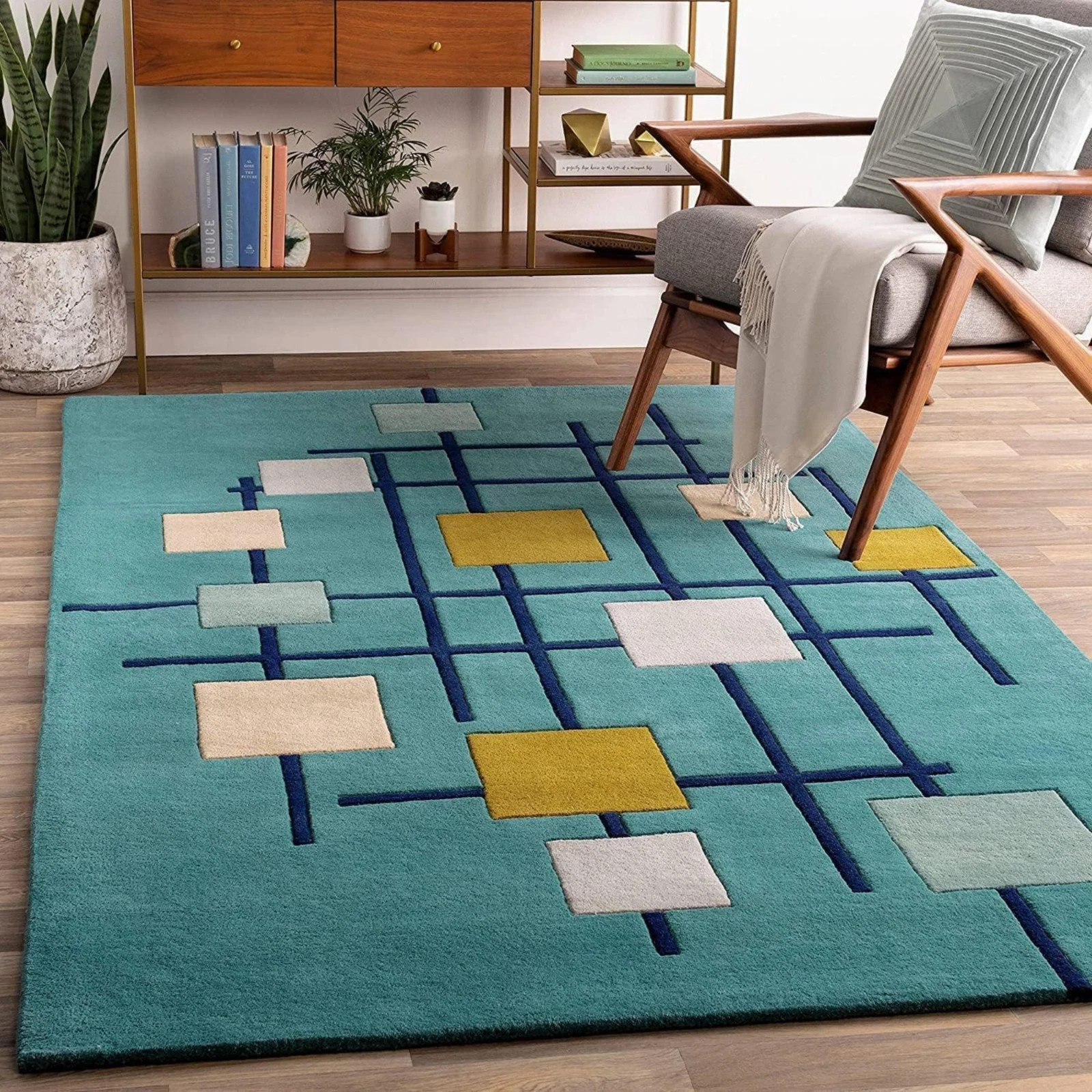Handmade Wool Area Rug Modern Geometric Teal Blue Yellow Squares Living Room