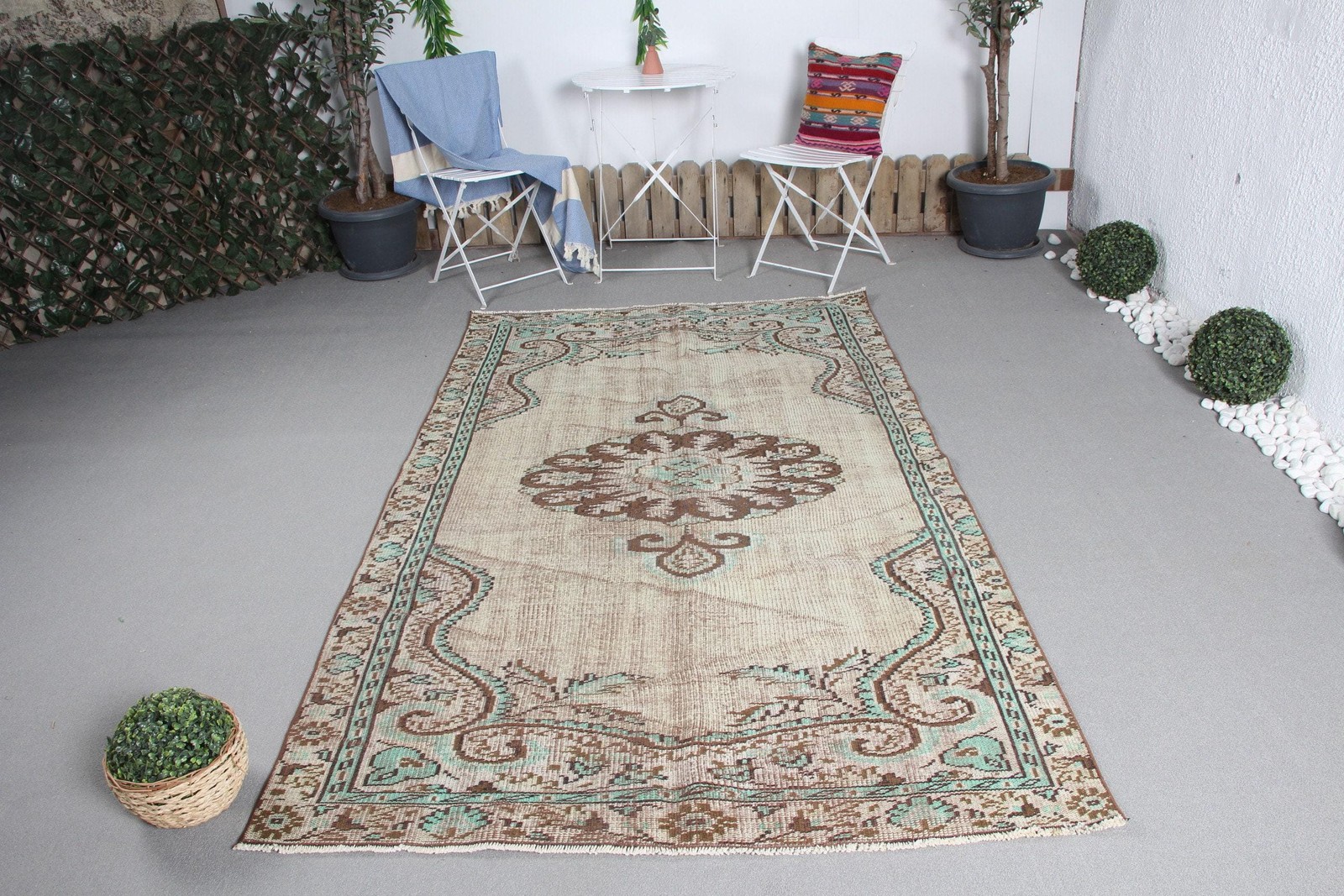 4,6×7,9 ft Rug, Vintage Turkish Rug, Beige Green Floral paisley Wool Rug