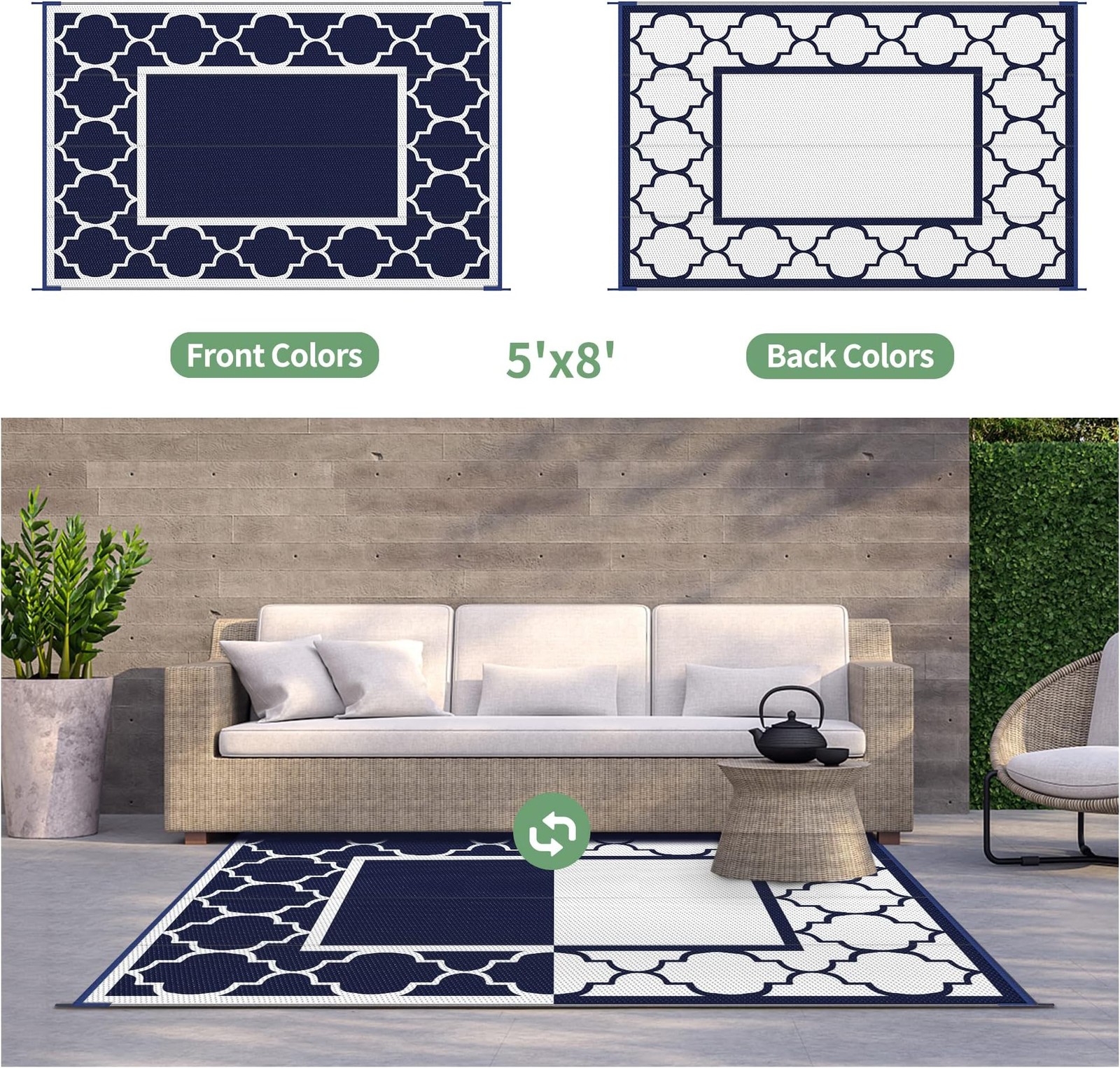 GENIMO 5′ x 8′ Outdoor Rug Waterproof for Patio Decor, Foldable Reversible Pl…