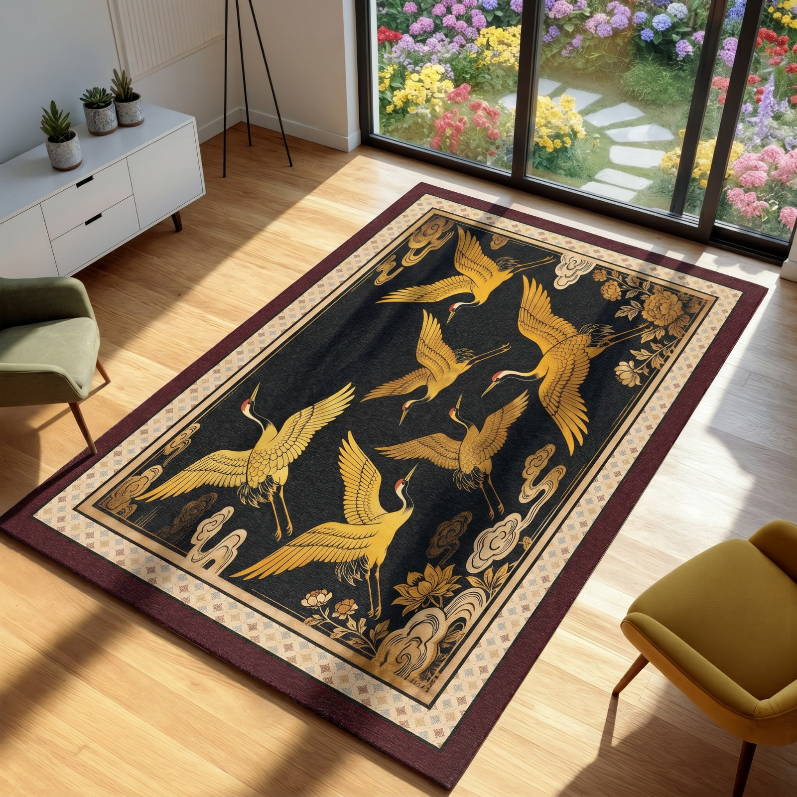 Japanese Golden Crane Area Rug, Chinoiserie Black Yellow Carpet