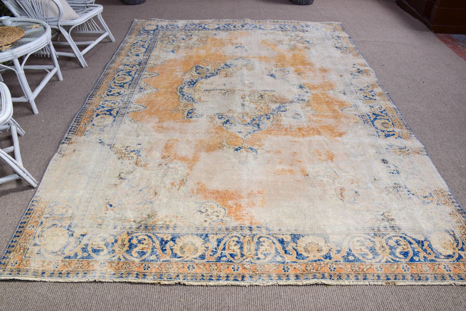 Vintage 7,2×9,9 ft Rug, Turkish Oversize Rug, Blue Camouflage Rug