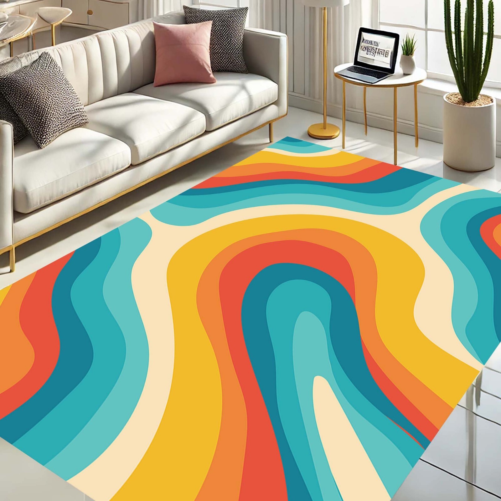 Colorful Area Rug, Retro Wave Carpet, Wavy Pattern Rug, Bright Floor Mat, Modern