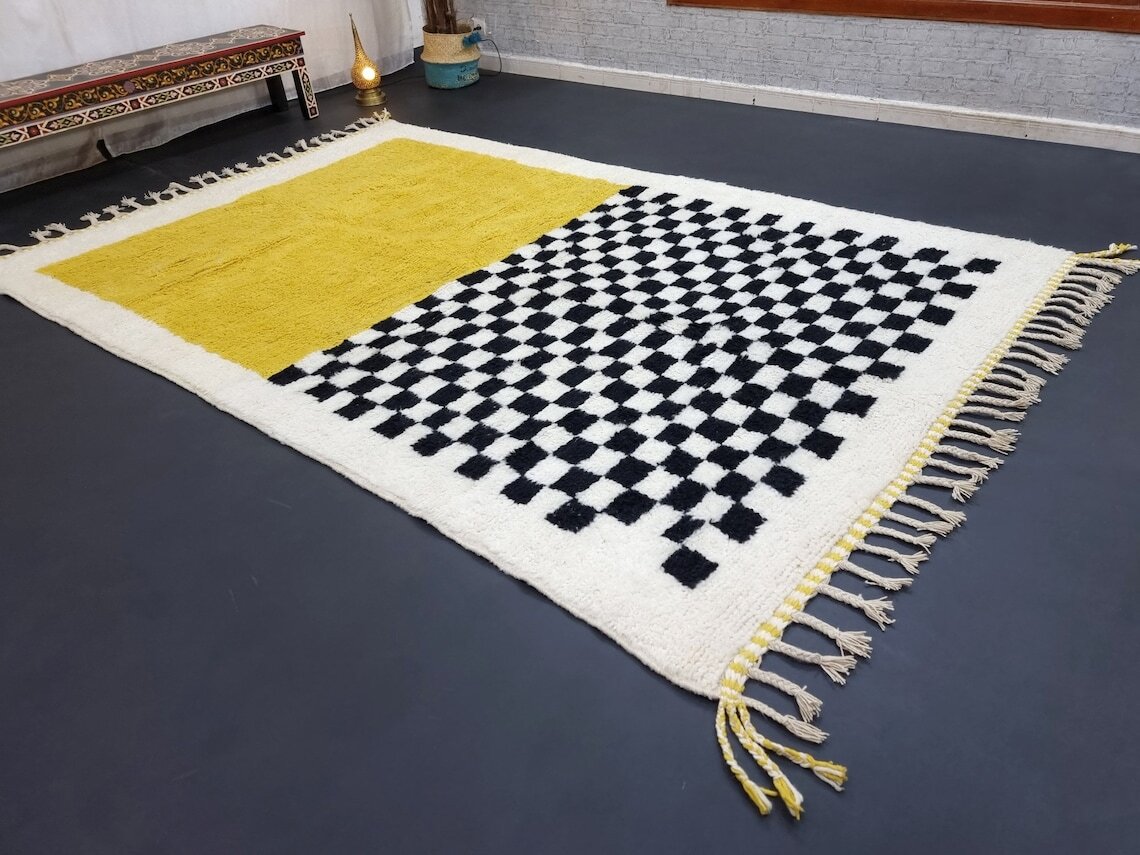 MADE TO ORDER-Moroccan Handmade Beni Ourain Rug Wool Berber Checkered Yellow Rug