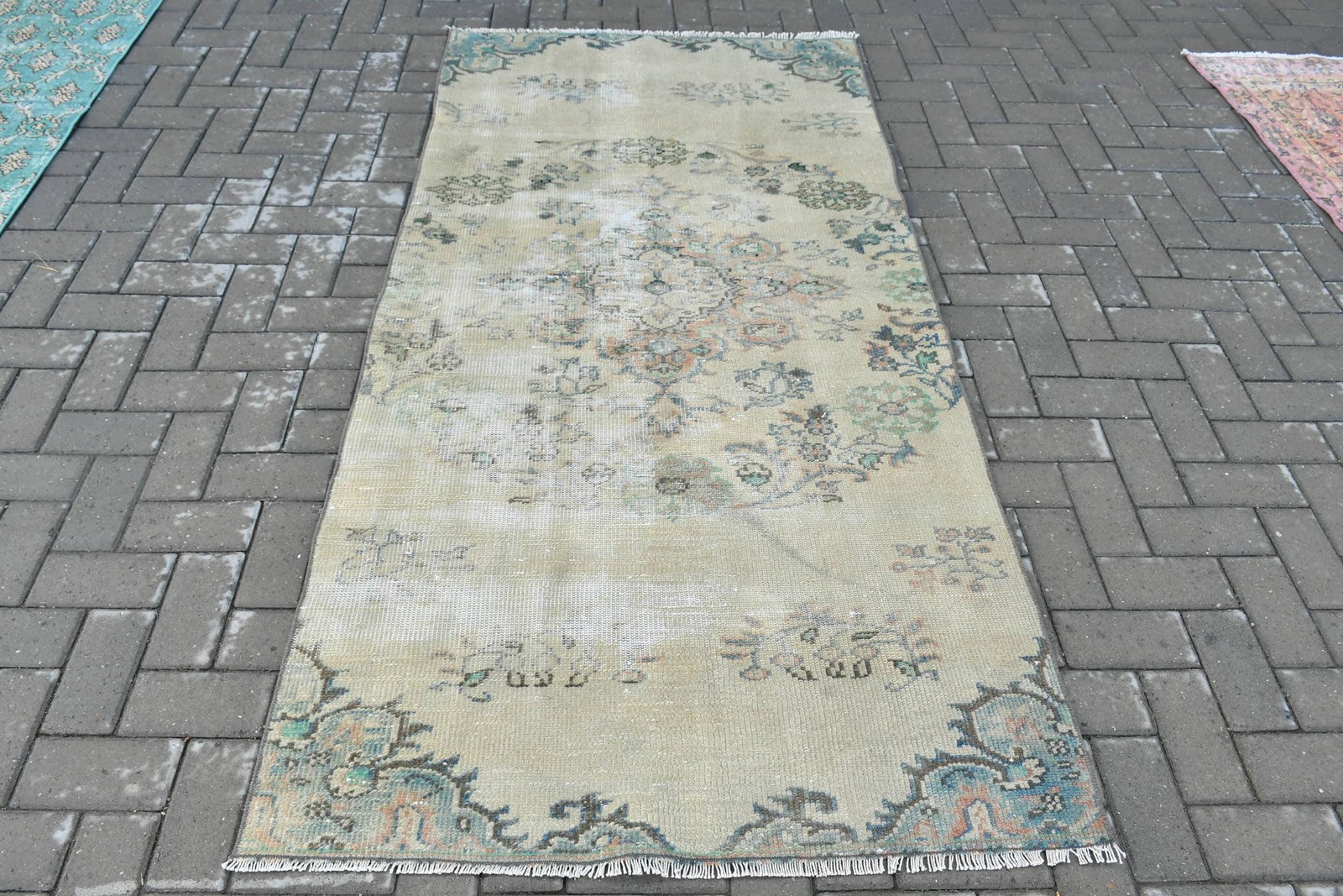 Turkish Vintage Rug, 3,6×7,3 ft Area Rug, White Blue Camouflage Wool Rug
