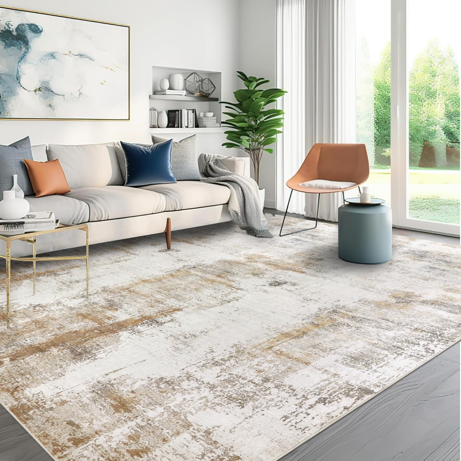 Area Rugs 8×10 Abstract Neutral Low Pile Beige/Camel – Non Slip Rubber Back