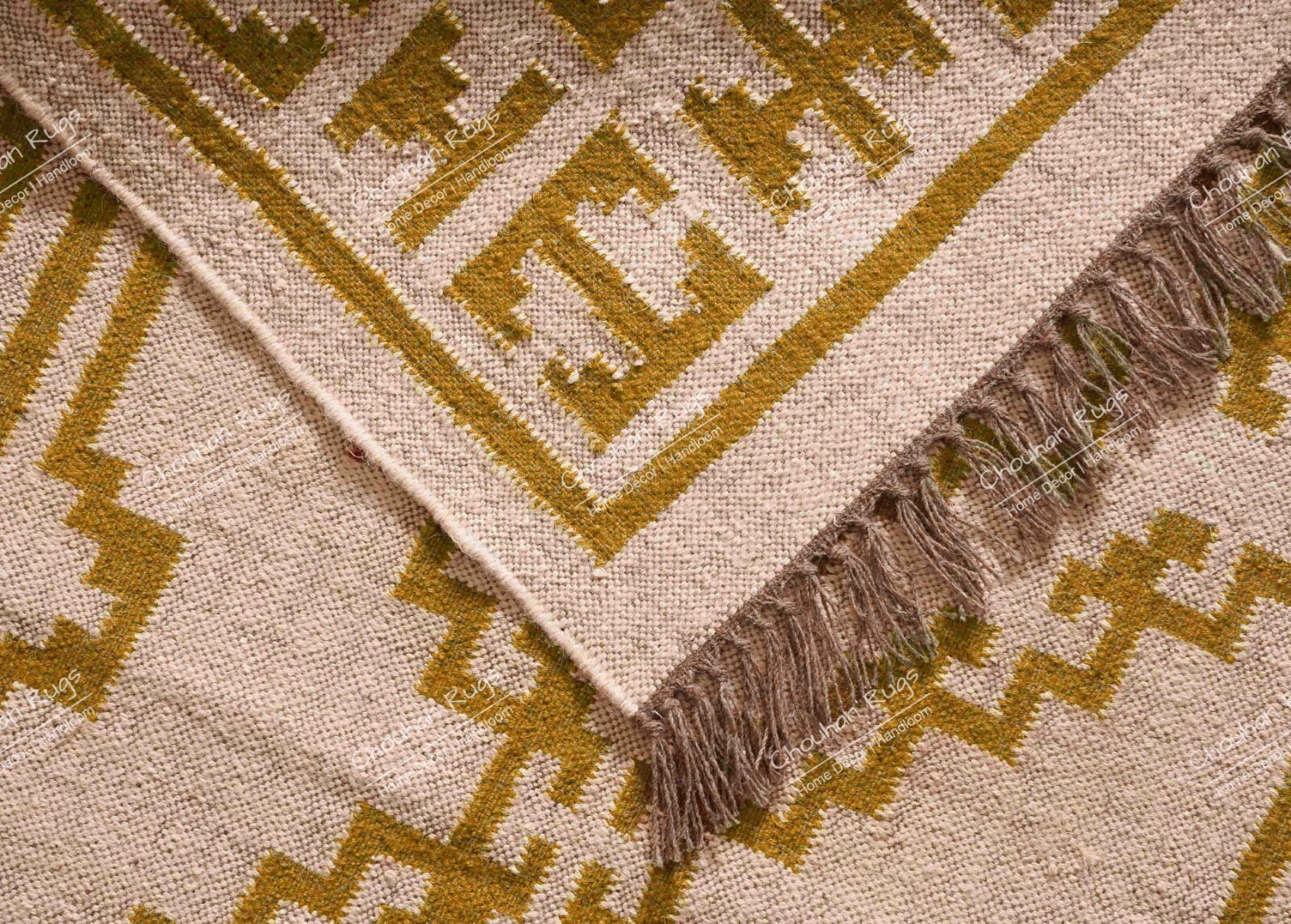 Indian Handwoven Kilim Rug With Yellow Design Rug, Fringes Jute Rug, Large Rug