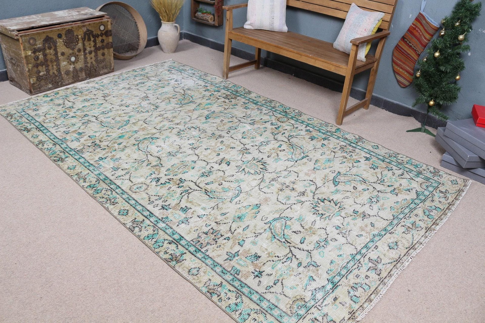 5,6×9,4 ft Vintage Rug, Turkish Large Rug, Blue White Striped Rug