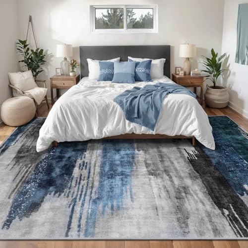 Modern Abstract Deep Blue Gray Rug for Living Room, 8’x10′ Machine Washable